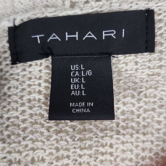 Woven Neutral Tan Long Open Cardigan Sweater Tahari Size L Minmalist Fisherman - Picture 3 of 9
